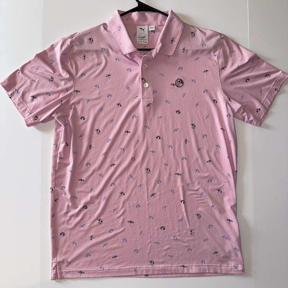 Men's Medium PUMA Arnold Palmer Pink Golf Polo Shirt Umbrella Print‎ PGA TOUR